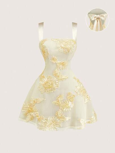 Olithes Vestido sexy con encaje bordado y espalda descubierta en color albaricoque, ideal para citas románticas y uso diario. Vestido largo de verano elegante con cintura ceñida y estampado floral sin mangas para damas.