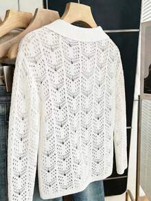 Franclia Women's White Knitted Cardigan,Silky Autumn Casual Everyday Hollowed-Out Crochet Sweater,Sweet Y2k Lapel Collar Long Sleeve Button Fitted Knit Top - White - View 2