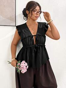 Lounesse 大码休闲度假豹纹雪纺短袖系带上衣 - 黑色 - 查看 1