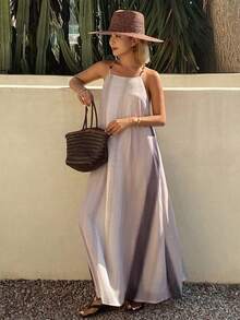 Livesso Đầm midi nhuộm tie-dye đính hạt cho nữ, thích hợp cho kỳ nghỉ hè, du lịch trên tàu biển, váy maxi cho nữ. - Màu Khaki - Xem 5