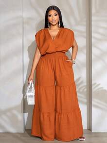 SOLERSUN Burnt Orange Plus Size Women's Summer Elegant Vacation Jumpsuit,Cotton Linen Blend V-Neck Sleeveless Ruched Cinched Waist Pocket Paneled Outfits - Rust Brown - View 8