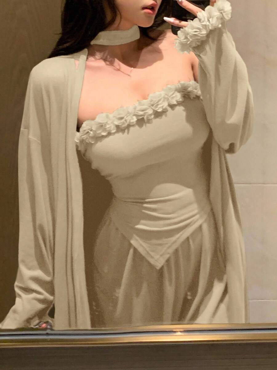 3件套浪漫3D立体花卉装饰不对称下摆抹胸上衣，宽松长裤家居服套装 - 杏色 - 查看 1