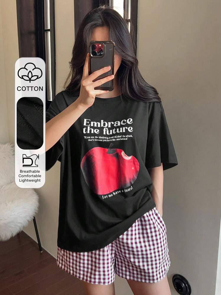 2pcs Apple Graphic Loose Short Sleeve T-Shirt And Plaid Shorts Pajama Set For Women, Summer