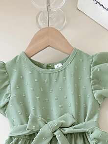 SHEIN Playful Pals 女童舒适休闲荷叶边雪纺连衣裙，配有腰带，适合夏季外出、拍照、日常穿着和上学穿着。 - 淺綠色 - 查看 6