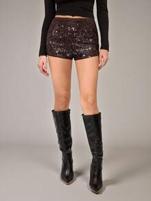 SHEIN Tall Women's Brown Sequin Shorts,Seductive Shiny Sparkly Burgundy Shorts,Summer Night Club Wear For Night Out,Christmas,New Year Party & Concert, Tall Women - Brown - View 2