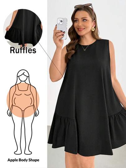 Shapeblank Plus-Size Women's Spring/Summer Fashionable Casual Loose Comfortable Everyday Basic Versatile Textured Fabric Slimming Black Sleeveless Short Dress,Simple Style,Summer Outfits,European Summer Black Plus Size Dress Plus Size Ruffle Dress Plus Casual Dress Women Plus Dress Curve Casual Dress Spring/Summer Casual Vacation Dress For Women Spring/Summer Black Dress For Women