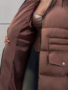 SHEIN Women Pocket And Zipper Detailed Winter Coats - Chocolate Brown - View 7