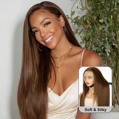 4号棕色丝滑直发蕾丝前假发，真人发丝，13x4透明蕾丝前假发，180%密度，预先拔毛，自然发际线