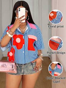 Maweii Plus Size Women Vintage Floral Pattern Casual Loose Short Sleeve Shirt - Blue - View 1