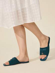 CUCCOO BASICS Dép xăng đan đế bằng thời trang nữ, phù hợp mọi mùa, kiểu dép nửa kín nửa hở, có khóa cài, kiểu dáng thường ngày, dép xăng đan màu xanh dương. - Màu xanh lá cây đậm - Xem 3