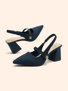 CUCCOO BASICS Women's Fashion Fabric Back Strap Chunky Heel Pointed Toe PU Leather Casual Slingback Pumps, Suitable For Commuting, Date, Party, Vacation For Christmas Spring Shoes - Dark Green - View 9