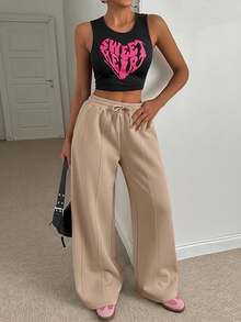 EURMUSE Women Loose Fit Front Stitch Detailed Sweatpant Pant - Beige - View 4