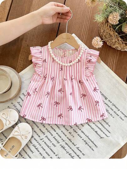 SHEIN 女宝宝可爱夏季度假休闲蝴蝶结条纹图案短袖上衣