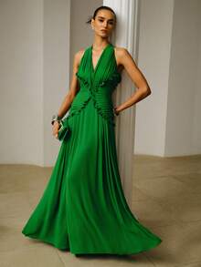 ZEYLAH Elegant Extra Long Ruched Flounce Hem Dress, Spring/Summer - Green - View 2