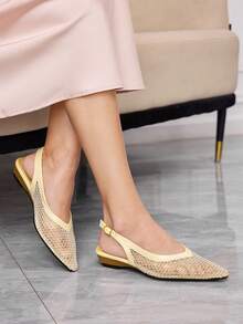 Sleekvia Women Shoes Spring And Summer New Mesh Rhinestone Decoration Pointed Toe Low Heel Back Buckle Design Apricot Women's Sandals Elegant Fashion Commuter Date Wear - Apricot - View 1