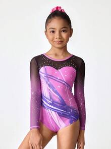 SHEIN 少女印花弹力长袖连体衣，彩色网眼体操服，适合训练、比赛、日常穿着，舒适运动服，饰有时尚水钻图案 - 彩色 - 查看 6