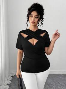 SHEIN PETITE CURVE Women's Criss-Cross Neck Knit Casual T-Shirt, Versatile For Spring/Summer - Black - View 7