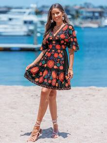 Sylviya V领修身腰部荷叶边下摆A字喇叭袖彩色印花休闲度假优雅短款连衣裙，适合春夏穿着 - 黑色 - 查看 5
