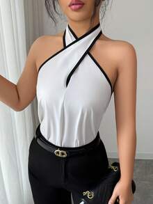 Selianne Women's Color Block Halter Casual Versatile Daily Wear Top - White - View 5