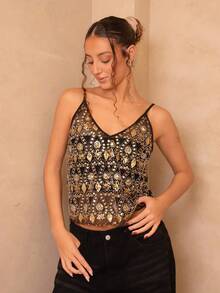 juhmazzocco Sparkling Black Mesh Halter Crop Top For Women, Luxuriously Embellished With Dazzling Rhinestones And Sequins For An Unforgettable Party Look. Country Music Festival Sparkly Top Sequin Top Rhinestone Top Festival Top Halloween Western Rhinestone Top, Christmas - Black - View 5