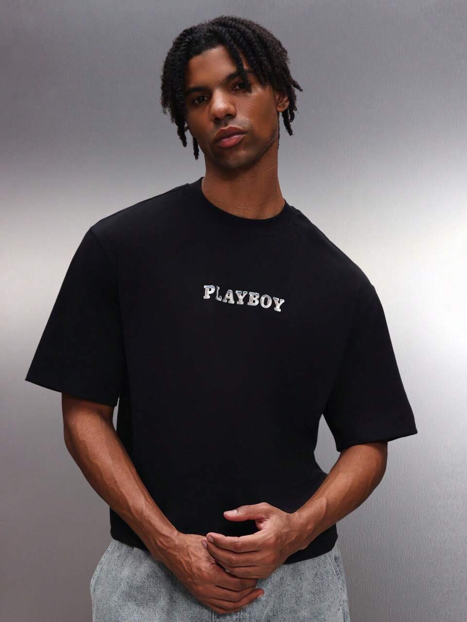 PLAYBOY X SUMWON Men's Oversized Black Bunny Graphic T-Shirt Short Sleeve Crew Neck Cotton Tee Urban Streetwear Casual Summer