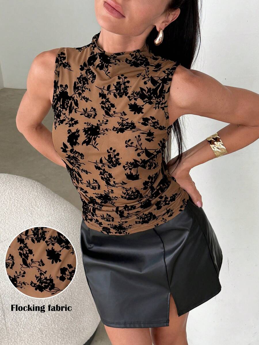 Lavishia 女士性感优雅花卉植绒网纱吊带背心,春夏沙滩装,适合婚礼宾客、度假等场合,棕色上衣 - 卡其色 - 查看 1