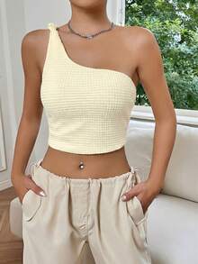 SHEIN EZwear Summer Top: Apricot-Colored One-Shoulder Knotted Crop Top - Apricot - View 5