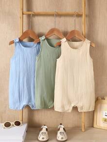 SHEIN Baby Boy Solid Color Crew Neck Casual Sleeveless Romper - Multicolor - View 9
