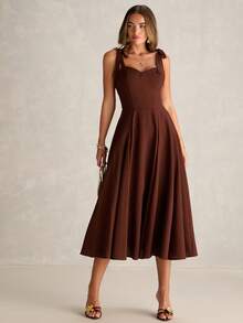 Enchnt 女士优雅纯色无袖中长连衣裙，适合通勤和夏季穿着 - 咖啡棕 - 查看 4