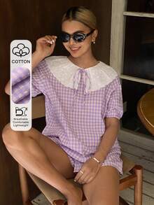 DAZY Bộ đồ ngủ 2 món phối ren kẻ caro dáng rộng tay ngắn và quần short cho nữ, thích hợp cho mùa hè. - Màu tím hoa cà - Xem 3
