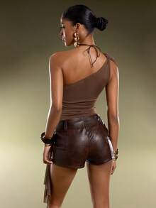 Normani 夏季时尚纯色无肩带荷叶边连体衣 - 棕色 - 查看 5