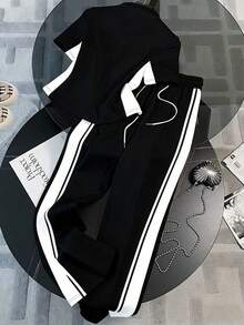 Franclia Stand Collar Short Sleeve Top + Straight Leg Pants With Side Pockets - Black - View 2