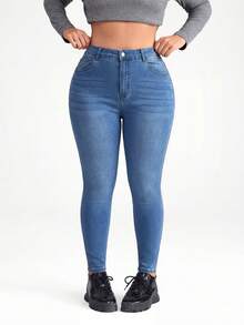 SHEIN ICON Quần jean lửng ôm sát, co giãn, màu đen, cỡ lớn - Rửa nhẹ - Xem 7