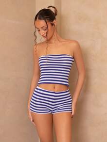 juhmazzocco 2 件套女士夏季休闲度假条纹露背抹胸短款上衣和低腰短裤 - 藍白色 - 查看 6