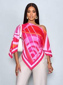 SOLERSUN 女士春夏休闲优雅杏色印花不对称领口不对称下摆衬衫，露肩开衩袖设计，宽松时尚。几何花卉印花蝙蝠袖，全新百搭款式。适合春夏穿着，日常通勤及外出活动皆宜。 - 玫紅色 - 查看 1