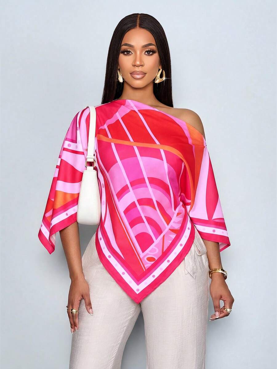 SOLERSUN 女士春夏休闲优雅杏色印花不对称领口不对称下摆衬衫，露肩开衩袖设计，宽松时尚。几何花卉印花蝙蝠袖，全新百搭款式。适合春夏穿着，日常通勤及外出活动皆宜。 - 玫紅色 - 查看 1