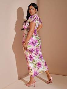 SHEIN BAE 大码女式印花针织网纱长款连衣裙，V领喇叭袖 - 彩色 - 查看 2