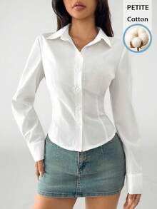 SHEIN PETITE Casual Minimalist Style White Cotton Blouse For Women, Suitable For Spring & Summer, Versatile Office Wear, Vintage ,Petite Women - White - View 10