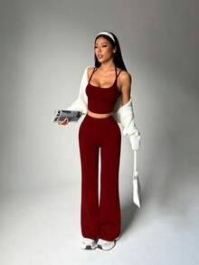 SHEIN Sovereign Charm Solid Color Cropped Camisole & Pants Sports Set - Burgundy - View 4