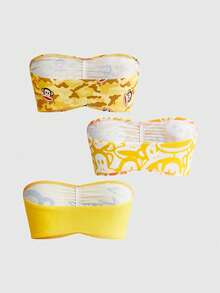 Paul Frank X ROMWE Set de 3 tops tubo con pliegues y estampado de dibujos animados, de estilo casual para mujer - Amarillo - Ver 2