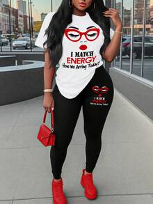 Maweii Plus Size Letter & Cartoon Print Short Sleeve Top And Leggings 2 Pieces Set - Multicolor - View 1