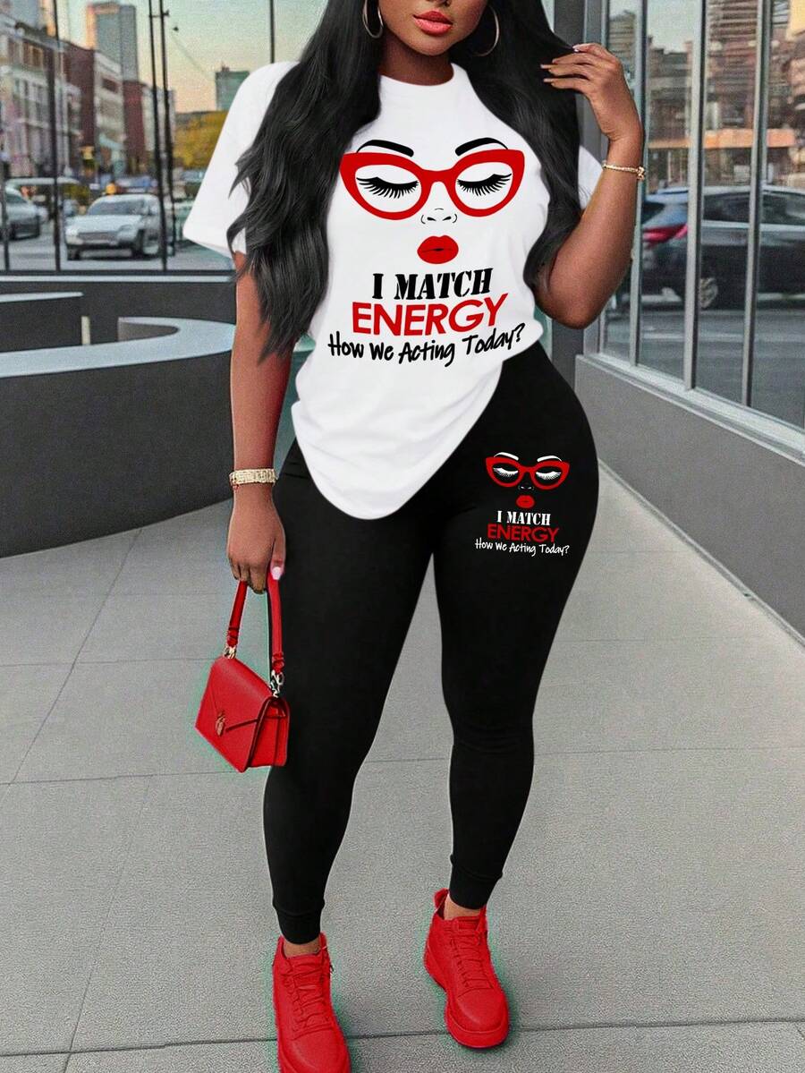 Maweii Plus Size Letter & Cartoon Print Short Sleeve Top And Leggings 2 Pieces Set - Multicolor - View 1
