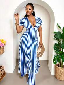 BamGleam V-Neck Short Sleeve Striped Print A-Line Long Dress, Elegant Design Suitable For Birthday, Beach, Night Party And Other Occasions - Blue - View 3