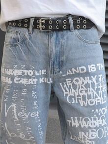 Manfinity EMRG Men's Light Blue Letter Print Distressed Jeans, Loose Fit Wide Leg Street Style Casual Pants - Light Wash - View 7