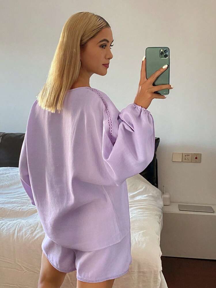 Women's Solid Color Top And Shorts Pajama Set