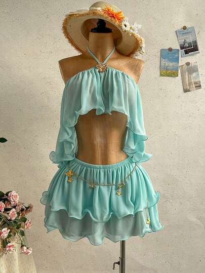 Soleia Spring/Summer New Casual Vacation Western Beach Wedding Guest Outfit, Graduation Brunch, St. Patrick's Day Spring Break, Easter Music Festival Elegant Boho Tropical Chic, Valentine's Day Wedding Attire, Party, Ruffle Halter, Metal Decor, Women 2-Piece Set In Blue