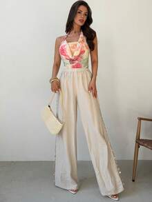 Firerie Women's Elegant Girlisim Boho Beach Golf Holiday Pants, Autumn Tropical Loose Wide Leg Pants With Shell Decor, Bamboo Texture Fabric Vacations - Apricot - View 7