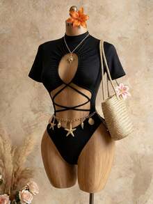 Mistrie Sexy Halter Backless Bodysuit, High Neck Short Sleeve Hollow Cross Strap Design, Slim Fit Revealing Waist And Back, Fashionable Party/Date Outfit - Black - View 3