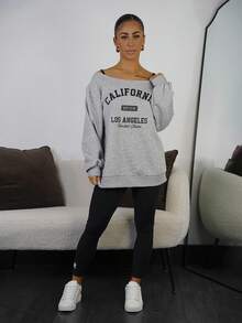 SAYEHFBABY Women's Fall/Winter Casual/Basic Knit Place Name Pattern One Shoulder Baggy Long Sleeve Grey Sweatshirt,Long Sleeve Tops - Grey - View 5