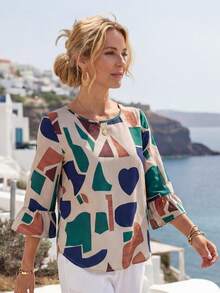 Faunlyn Women's Casual Geometric Heart Print Round Neck Flared Sleeve Loose Blouse, Daily Wear - Multicolor - View 5